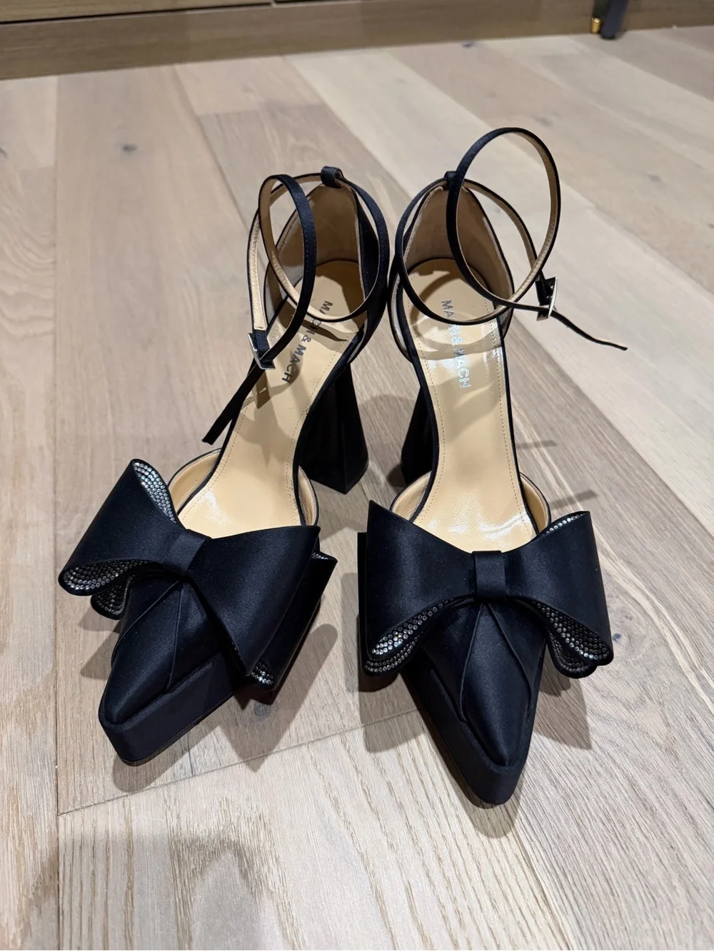 Mach & Mach Black Satin Platform Ankle-Strap Sandals with rhinestone Bow